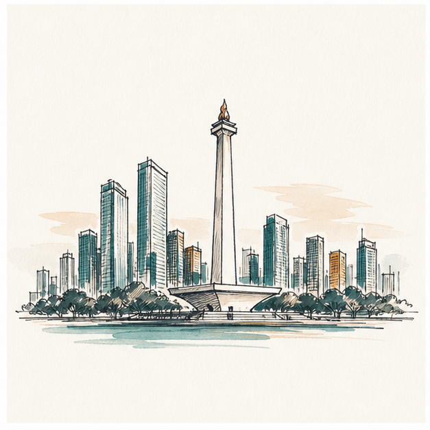 Hand-drawn Jakarta skyline with monument and city towers