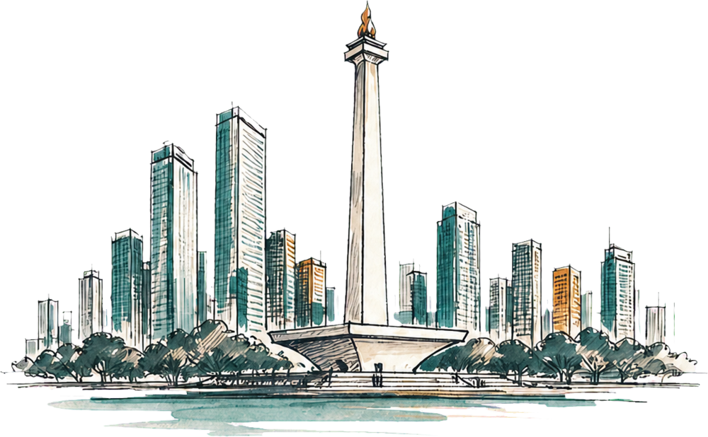 Hand-drawn Jakarta skyline with monument and city towers