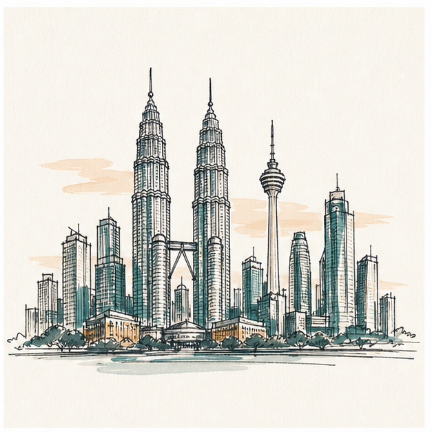 Hand-drawn Kuala Lumpur skyline with twin towers