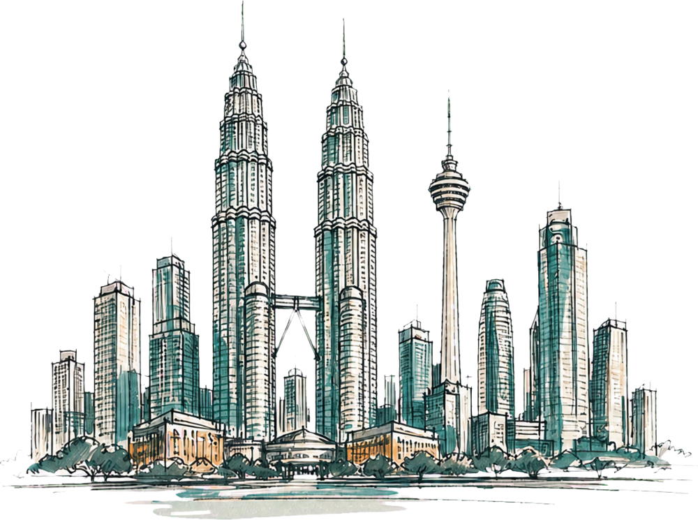 Hand-drawn Kuala Lumpur skyline with twin towers