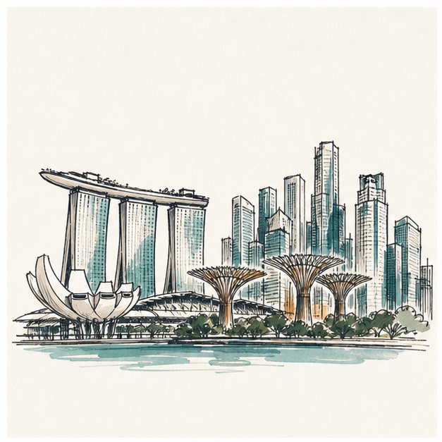 Hand-drawn Singapore skyline with Marina Bay and city towers