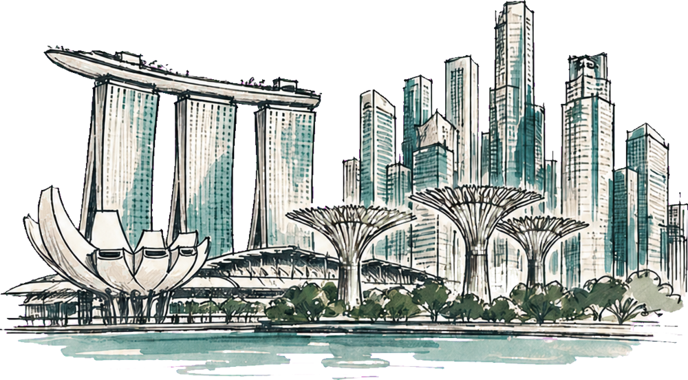 Hand-drawn Singapore skyline with Marina Bay and city towers