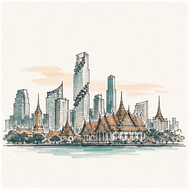 Hand-drawn Bangkok skyline with temple roofs and city towers