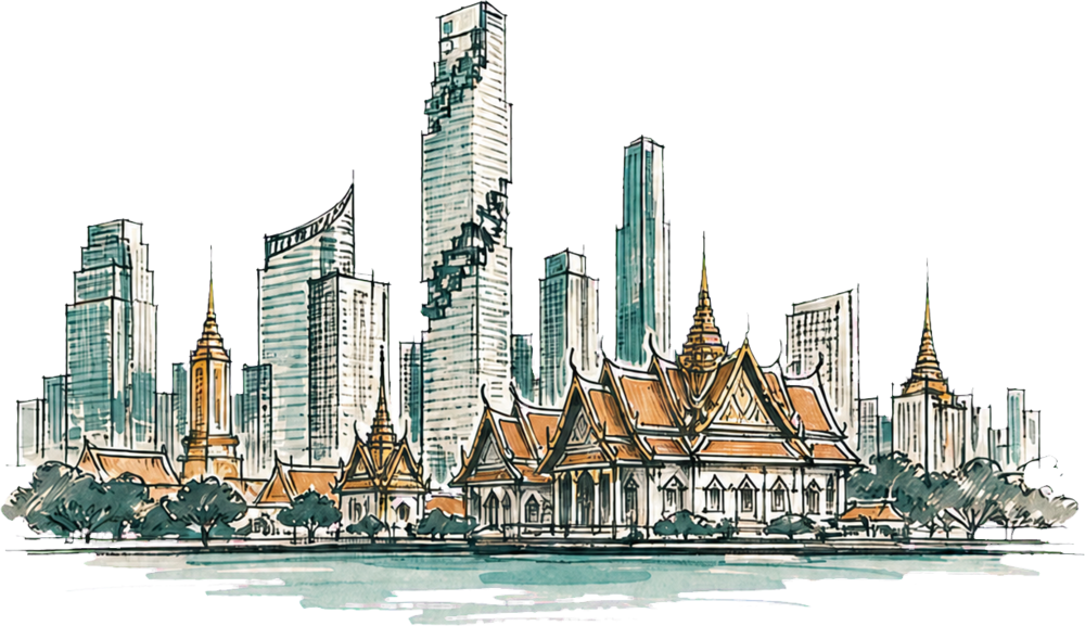 Hand-drawn Bangkok skyline with temple roofs and city towers