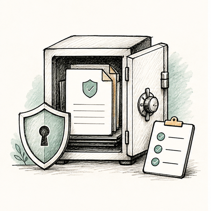 Hand-drawn secure document vault with shield and checklist