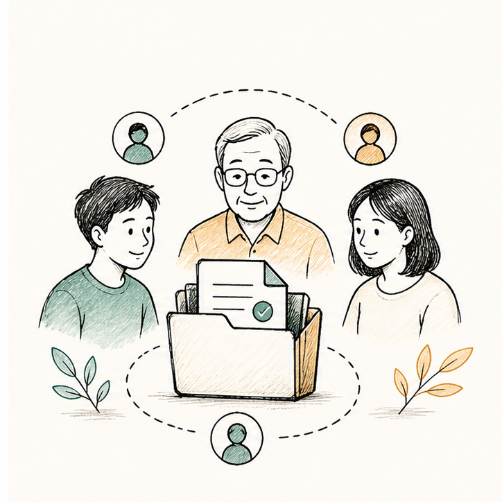 Hand-drawn family sharing a case folder