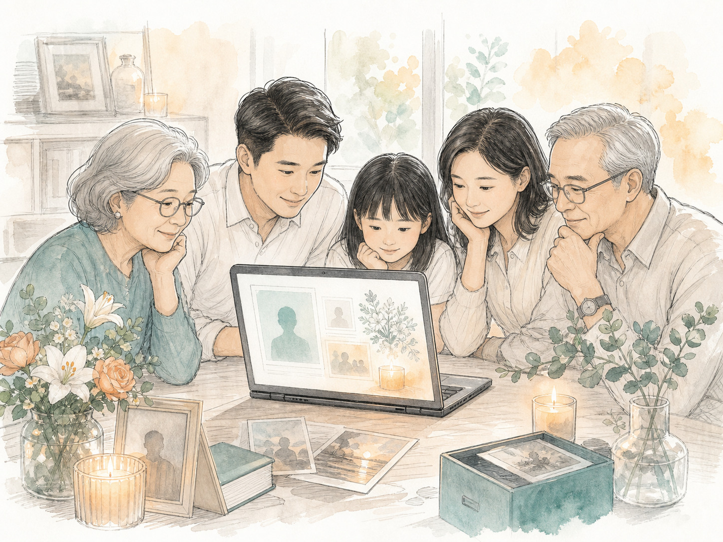 Family viewing an online memorial together