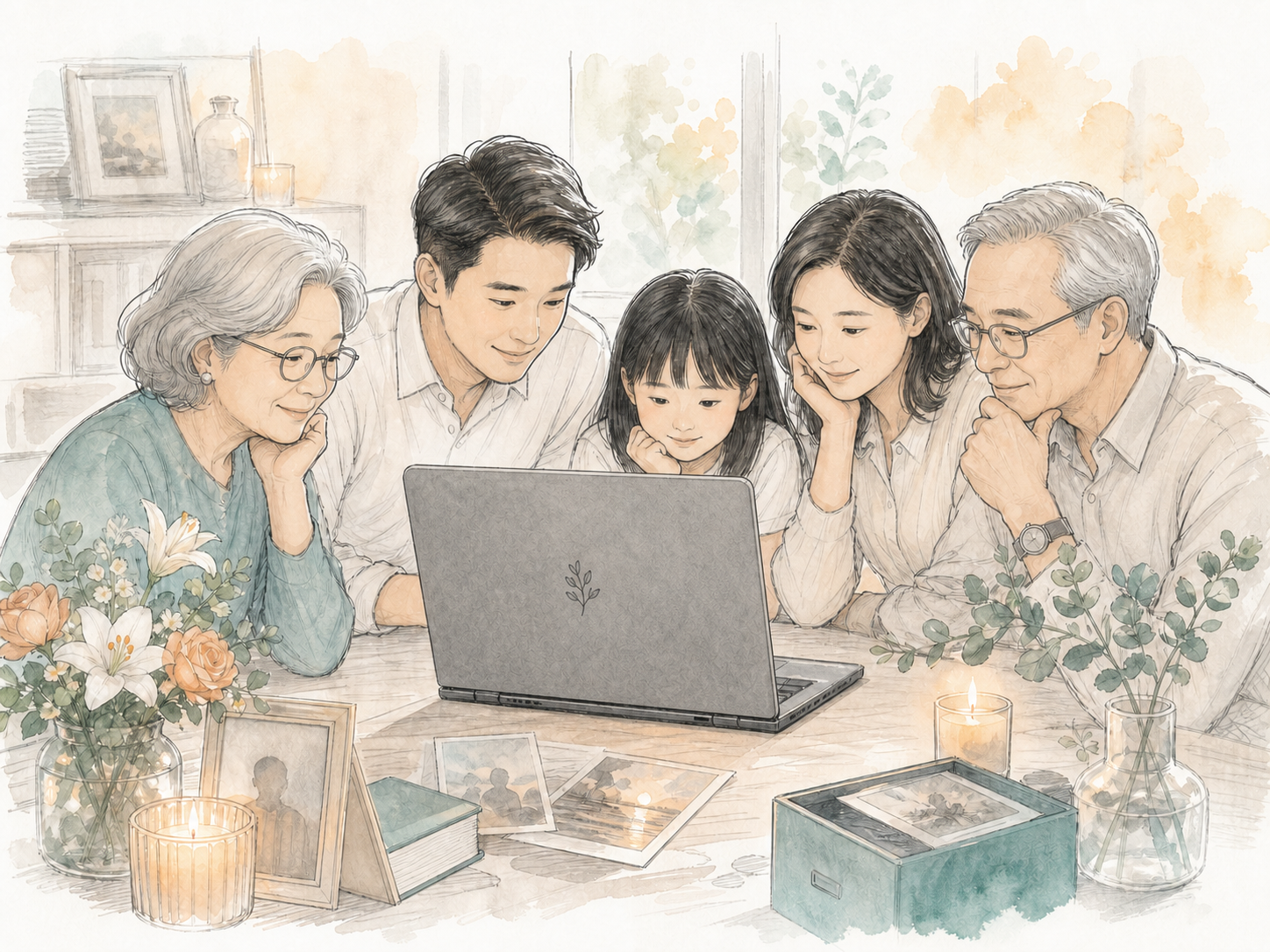 Family viewing an online memorial together